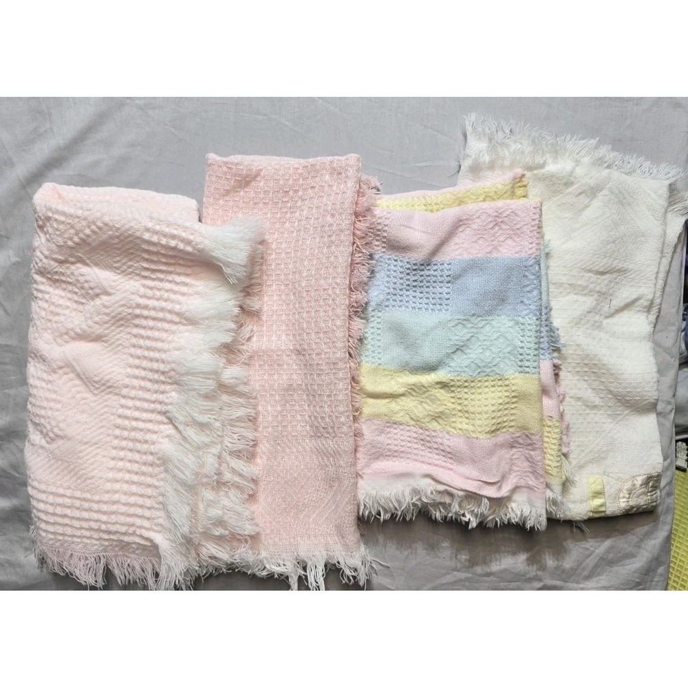Quiltex Baby Blanket White Pink Vintage Acrylic 40"x40" Lot Of 4